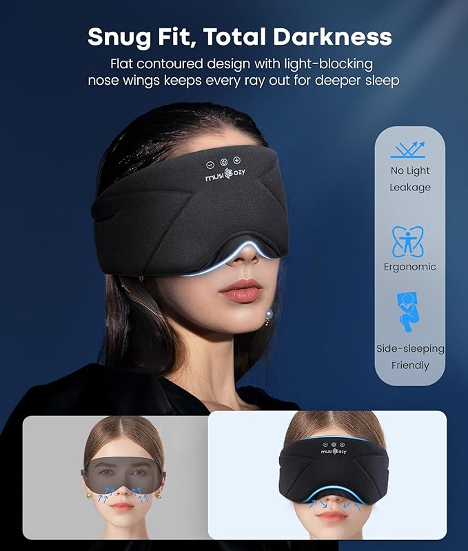MUSICOZY Sleep Headphones, Bluetooth 5.4 Sleep Mask, Washable Zipper Eye Mask with HD Stereo Speakers, Cooling Ice Silk Fabric, 14H Playtime Wireless Headband Headphones for Side Sleepers