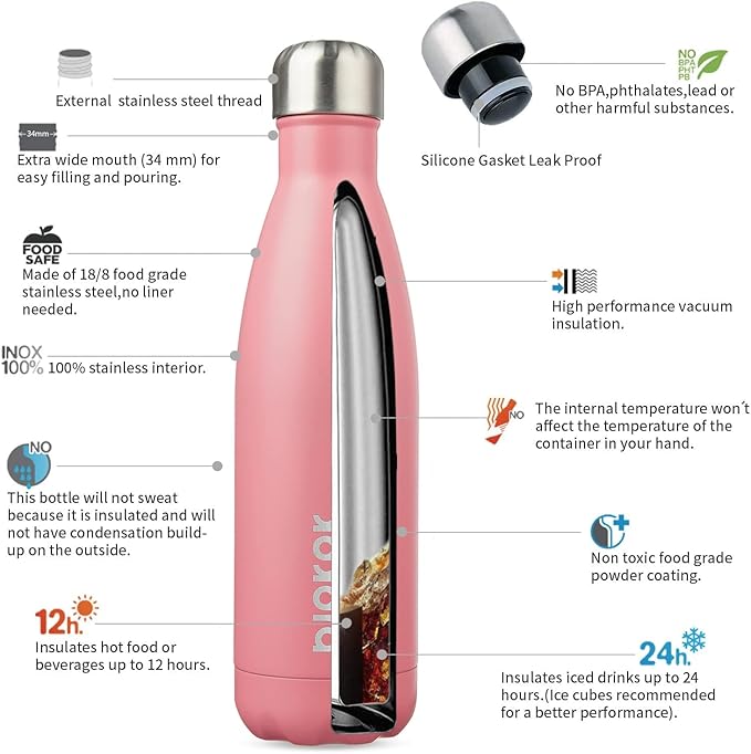 BJPKPK 17oz Insulated Stainless Steel Water Bottles,Sports Water Bottles Keep Cold for 24 Hours and Hot for 12 Hours,BPA Free for Travel,Light Pink