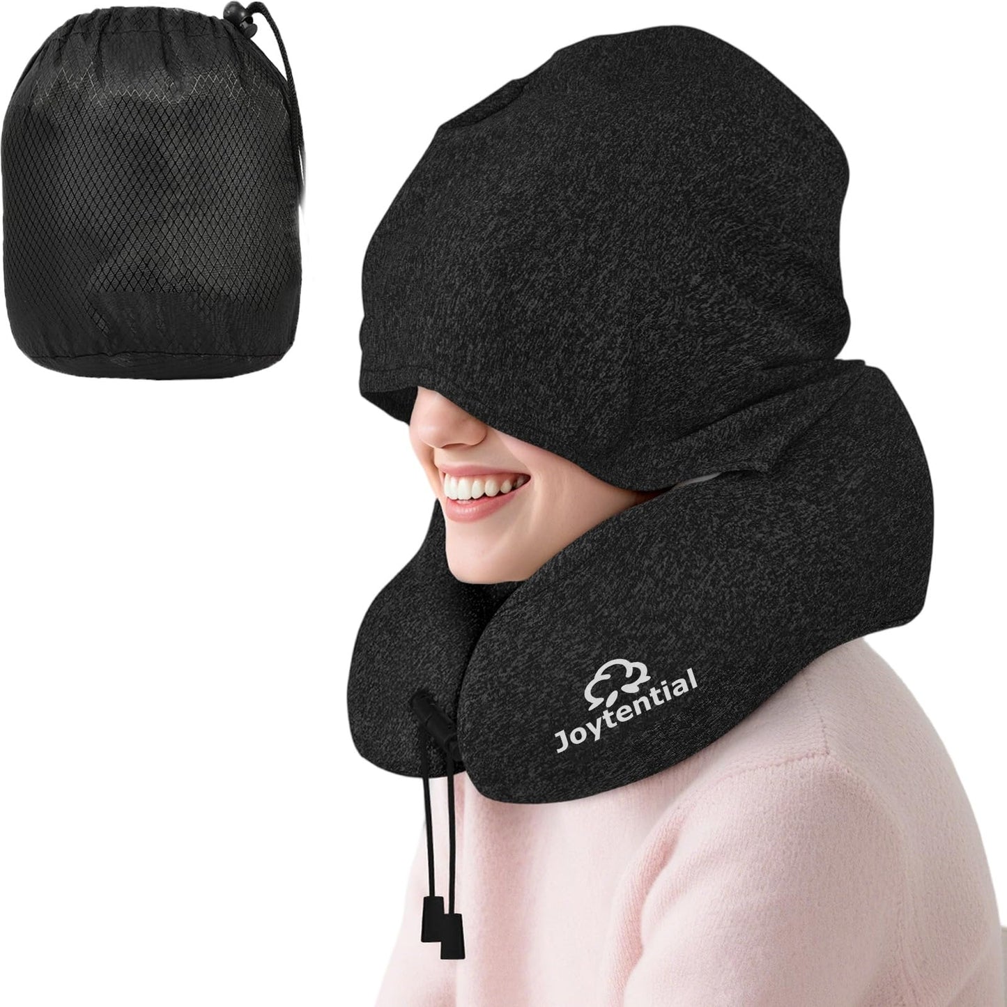 Joytential Travel Neck Pillow with Large Hood for Long Flights, Privacy Hooded Plane Pillow with Skin-Friendly Cover, Comfort Memory Foam, Travel Pillows for Road Trip, Airplane, Office Rest (Black)