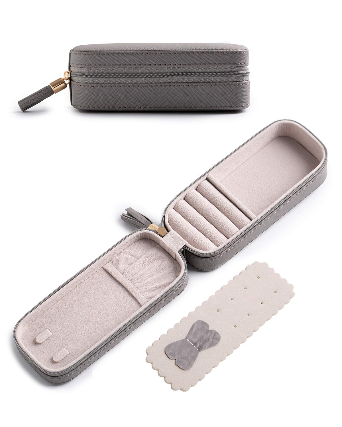 BONNY DODO Small Travel Jewelry Organizers Box for women with PU Leather Portable Mini Jewelry Case with compartments for Necklace Rings Earrings,Luxury Giftable boxes. (Gray, S)