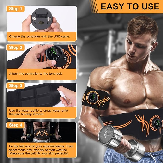 ABS Stimulator, EMS Ab Stimulator for Men & Women – USB Rechargeable Muscle Toner with 12 Modes & 19 Intensity Levels – Portable, Adjustable Waist Trainer for Abdominal, Arm, and Leg Workouts