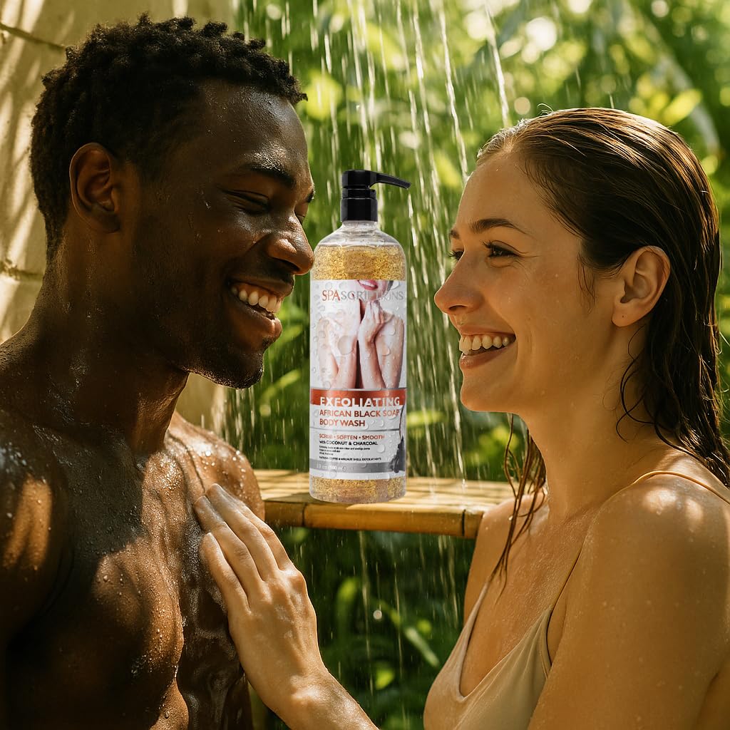 SpaScriptions Exfoliating African Black Soap Body Wash with Coconut & Charcoal (33 fl oz) Body Scrub with Natural Coffee & Walnut Shell Exfoliants, Nourishing Body Care for Women and Men, Cruelty Free