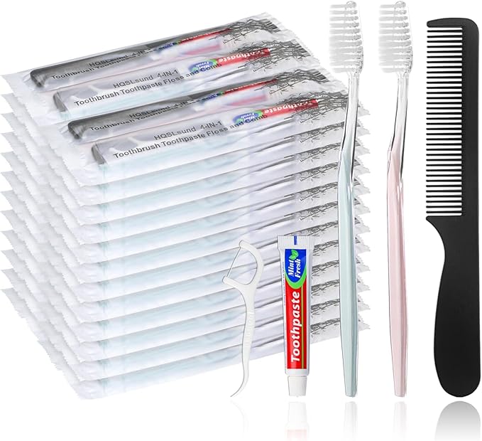 100pcs Disposable Toothbrushes with Toothpaste Floss Comb Individually Wrapped, 4-in-1 Bulk Toothbrush Kit with 2 Color Toothbrush,10g Toothpaste,7 inch Comb, Floss Pick