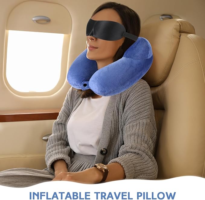 Sintuff 2 Pcs Inflatable Travel Pillow with Compact Bag and Blindfold Velvet Inflatable Neck Airplane Pillow Washable Cushion for Airplanes Flight Car Long Traveling Kids Adults Grey Blue