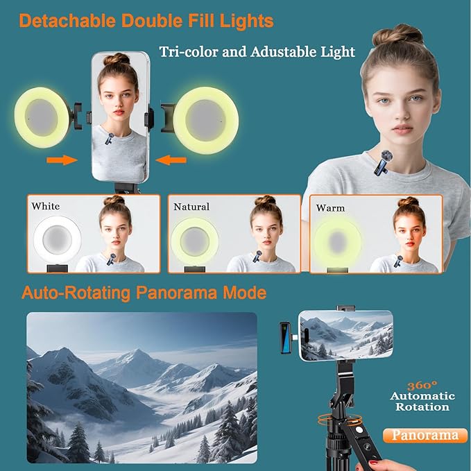 70.9” Auto Face Tracking Tripod for iPhone Anriod Phone,Vlogging Kit for iPhone,Content Creator Essentials,with Light / 360 Rotatable Tripod/Wireless Microphone/Remote