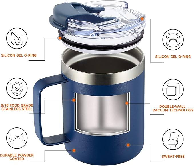 ALOUFEA 12oz Insulated Coffee Mug Cup with Handle, Stainless Steel Travel Coffee Mug with Flip Lid, Double Wall Vacuum Coffee Tumbler, Navy