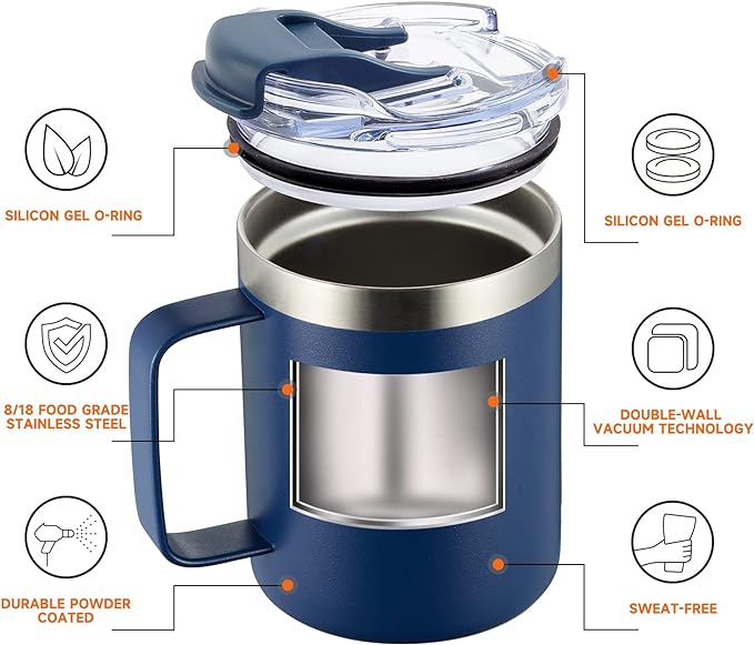 ALOUFEA 12oz Stainless Steel Insulated Coffee Mug with Handle, Double Wall Vacuum Travel Mug, Tumbler Cup with Fliping Lid, Navy and Army Green