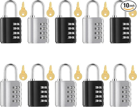 Kenning 10 Pcs Combination Padlock 4 Digit Combination Lock with Keys Locker Resetable Security Outdoor Waterproof Gate Lock for School Sports Gym Locker Employee Fence Case (Silver and Black)