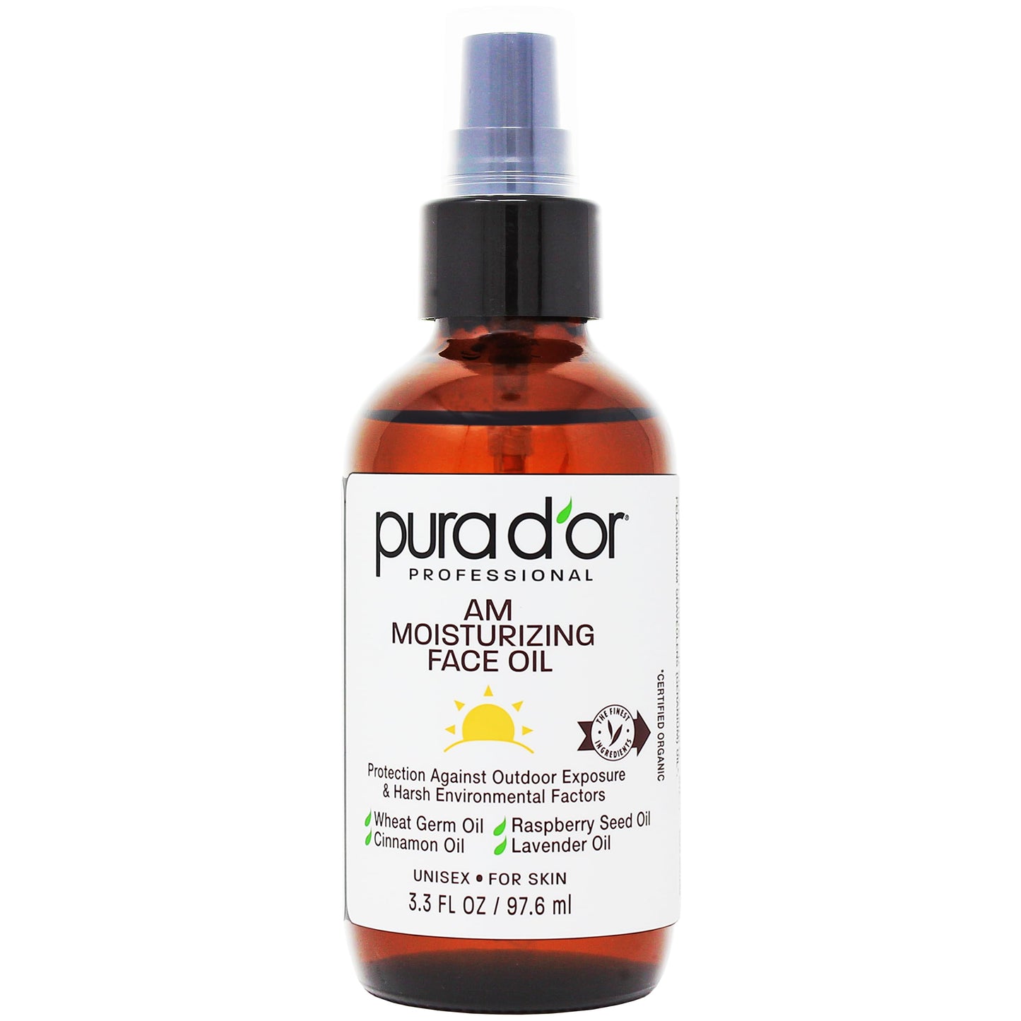PURA D'OR 3.3 Oz ORGANIC AM Moisturizing Face Oil - Morning Glow Hydrating Skincare -Lightweight Moisturizer for Glowing Skin - All Natural, Vegan, Paraben-Free - Women & Men