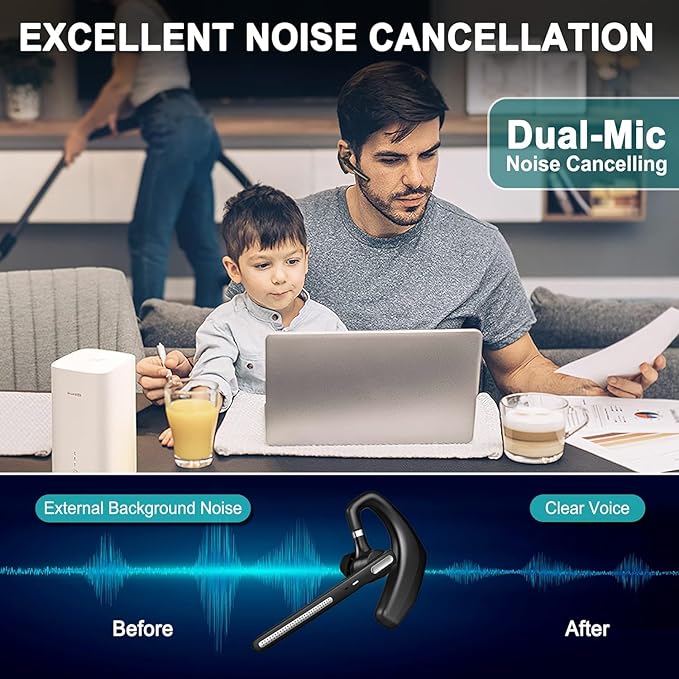 Bluetooth Headset ,Wireless bluetooth earpiece with ENC Noise Cancelling Mic, 110H Playback, Bluetooth 5.1 Dual Connectivity, Wireless Headphones Compatible iPhone/Android/PC (Office/Driving)