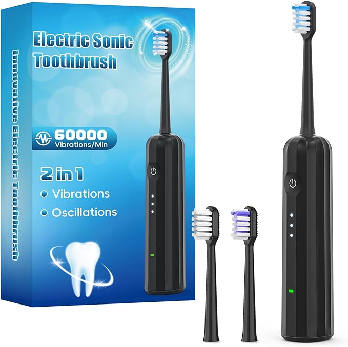2025 New Sonic Electric Toothbrush for Adults - Vibration 60,000 VPM & 73° Oscillation Rechargeable Electric Toothbrush, 50+ Days Battery Life, 3 Modes, 2-Minute Timer, 3 Brush Heads, Black