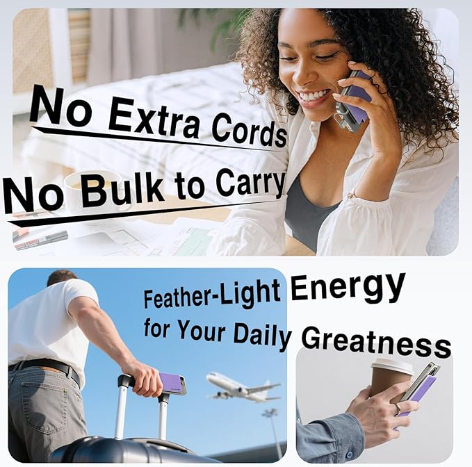 Auskang Purple Slim Power Bank with Built in Cable-5000mAh Thin USB C Portable Charger Compatible with iPhone16 15 Series/Samsung, Google Pixel/Android etc-Thin Battery Pack for Outdoor Travel