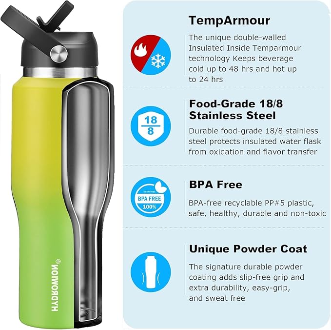 40 oz Insulated Water Bottle with Straw fit in Car Cup Holder(Cold 48 hrs, Hot 24 hrs) Drinking Bottle with Straw Lid, Spout Lid and Flex Cap Leakproof Travel Thermo Mug，Yellow - Green