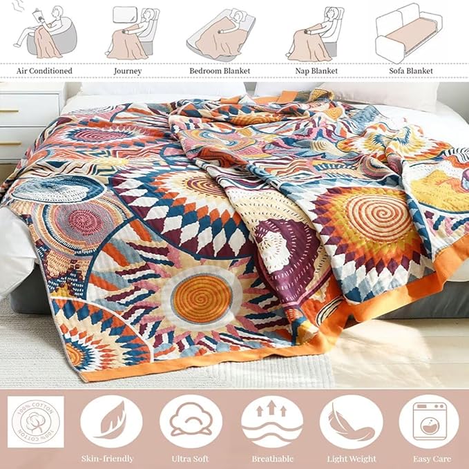 Boho Throw Blanket for Bed Couch, 100% Cotton Bohemian Cotton Blankets, Ultra Soft Woven Muslin Blankets Travel Picnic Versatile Knitted Blanket for Sofa Chair, 50"x60"
