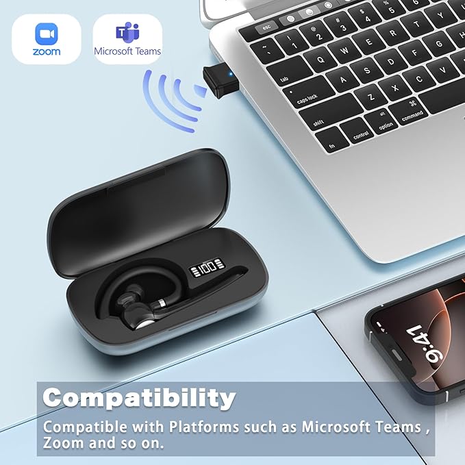Bluetooth Headset, Wireless Bluetooth Earpiece with 500mAh Charging Case 72 Hours Talking Time Built-in Microphone for iOS Android Cell Phone, V5.1 Hand-Free Headphones with USB Dongle