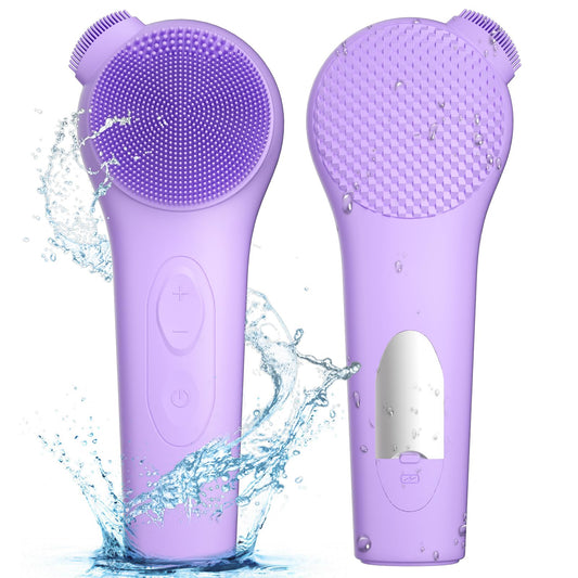 ADINC Silicone Face Scrubber, Waterproof Rechargeable Facial Cleansing Brush, 5 Cleansing Modes with Nose Brush for Women & Men Electric Face Wash Brush for Deep Cleaning Exfoliating, Massaging Purple
