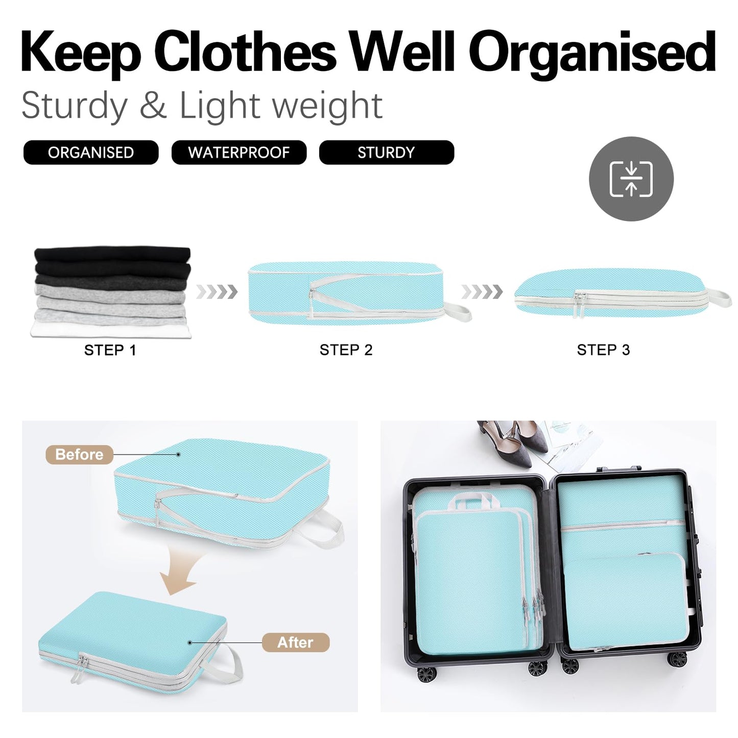 Compression Packing Cubes for Travel,Waterproof Packing Compression Cubes for Travel Packing Organizers,Luggage Cubes for Packing,Ultralight Expandable Packing Cubes Compression (Blue 5 Pack)