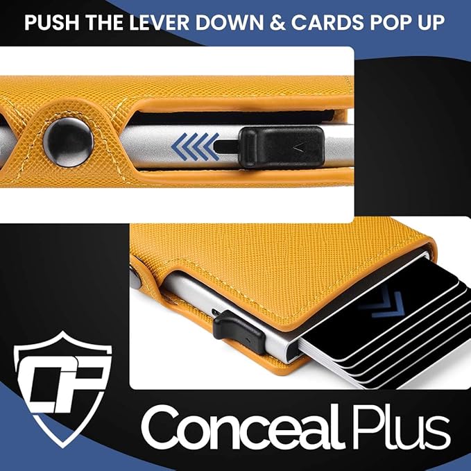 Card Blocr Womens Slim Wallet for Small Purses, Pop Up Wallet with Anti Theft RFID Blocking Credit Card Holder for Women in Orange PU Saffiano Leather