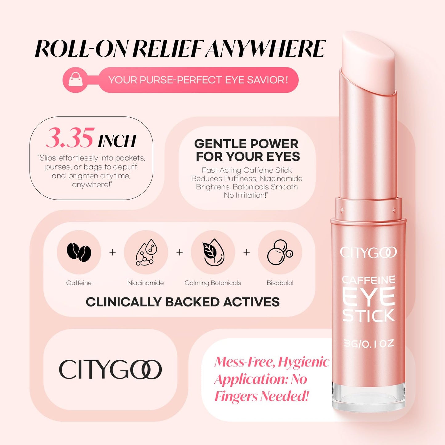 CITYGOO Caffeine Eye Cream Stick: Anti-Aging Firming & Moisturizing Balm for Dark Circles Puffiness & Eye Bags - Travel-friendly for Women (Pink)