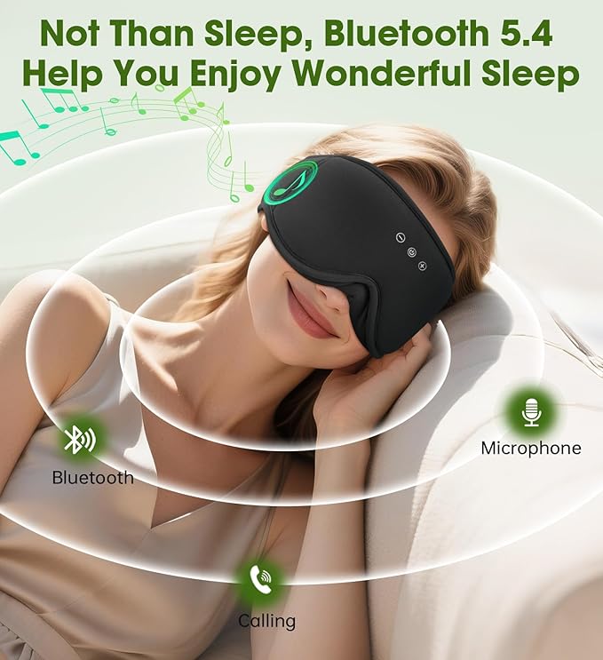 Bamboo Cotton Sleep Mask with Bluetooth Wireless Headphones - Blackout Eye Mask for Sleeping 3D Contoured Sleep Headband Ear Muffs Lengthen & Low Noise Hook for Better Experience (Black)