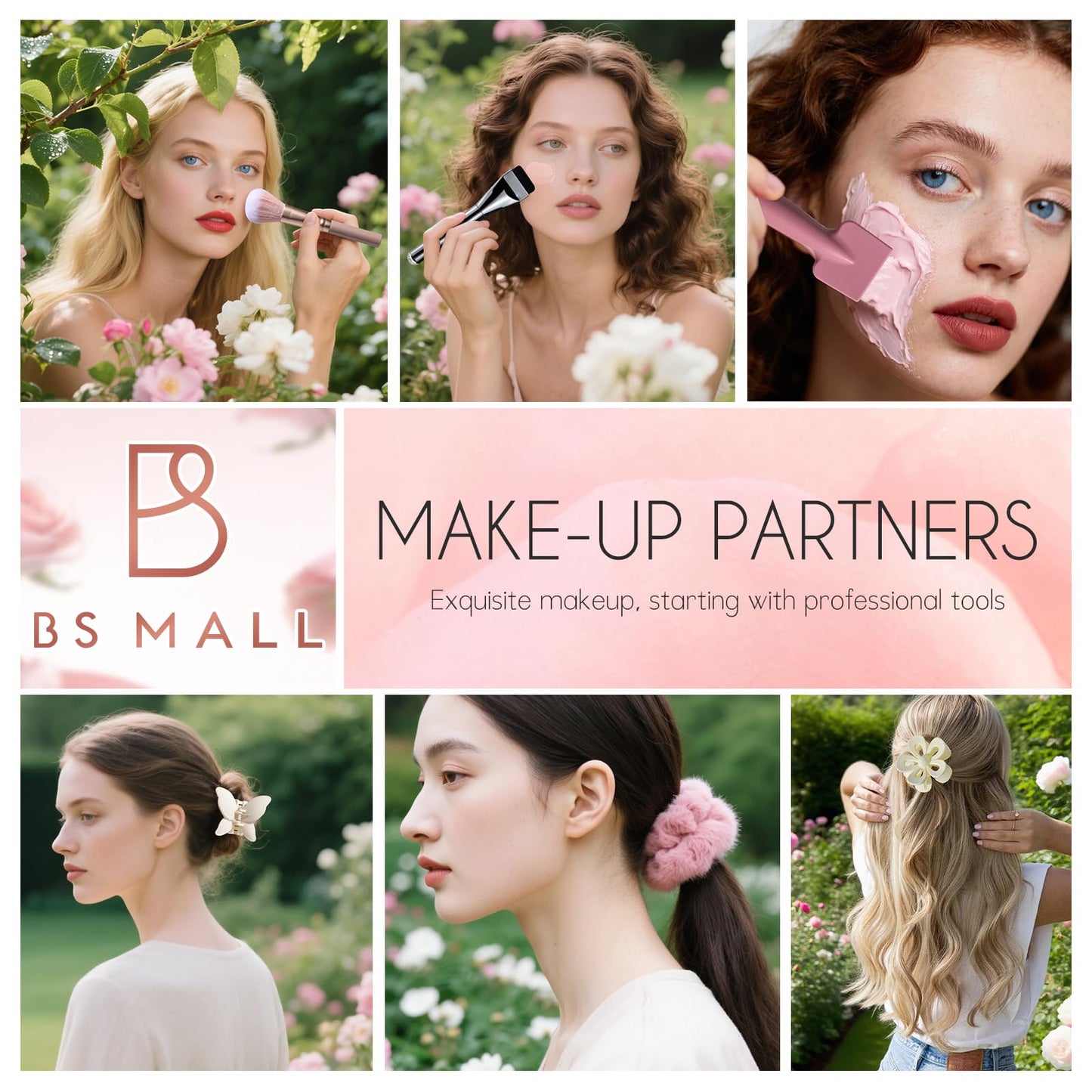 BS-MALL Travel Makeup Brush Set 23 Pcs,with Hair Ties, Clips & Dual-Head Silicone Face Mask Brush for Flawless Makeup For Girls Party Bedroom