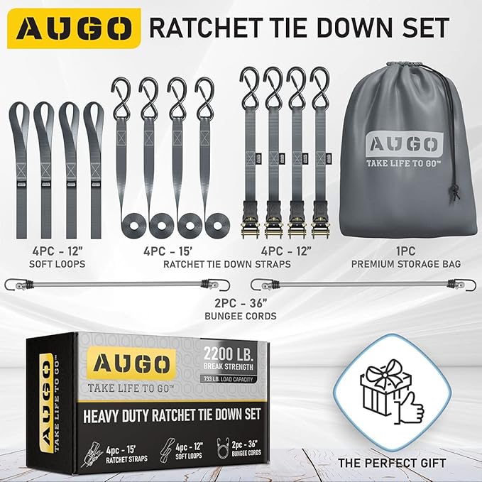 AUGO Ratchet Straps Heavy Duty 4 Pack -15 FT - 2200 LB Break Strength – with Safety Lock S Hooks - Cargo Straps for Moving, Appliances, Motorcycle – Soft Loop Tie Downs