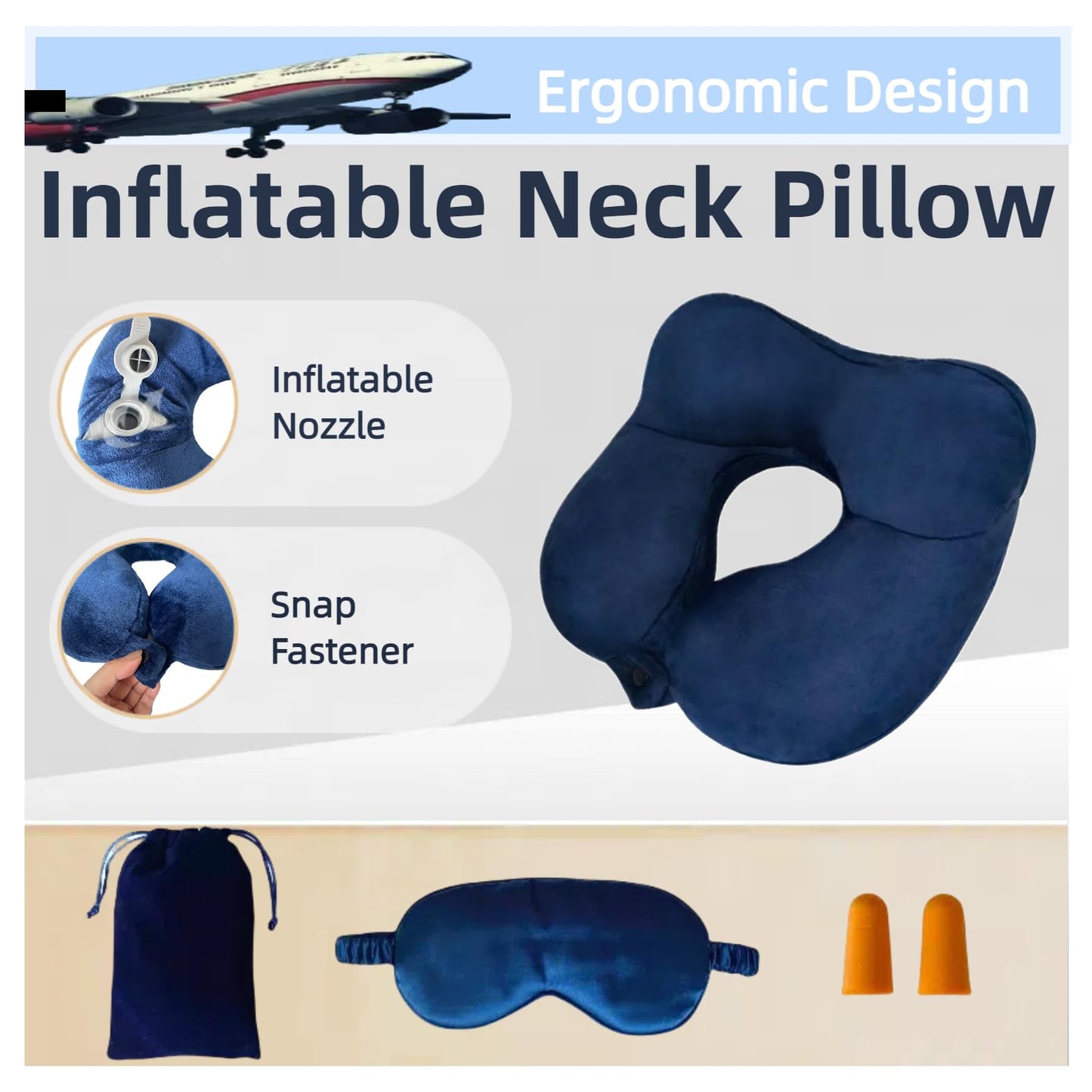 Jron Inflatable Air Travel Pillow Soft Velvet Blow Up Pillow Portable Size Washable Cover for Train Car Office Airplane Sleeping (Navy)
