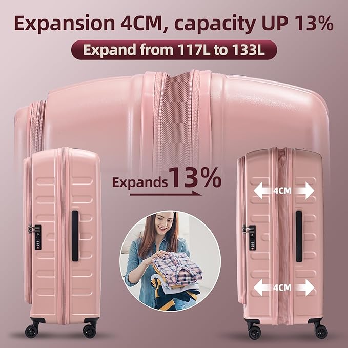 29 Inch Luggage with Expansion & Side Opening Design, 50 * 31(35)*76cm, 117L~133L Ligthweight ABS+PC Hardshell Checked Suitcase, TSA Lock & YKK Zipper with HINOMOTO 360° Wheels, Pink