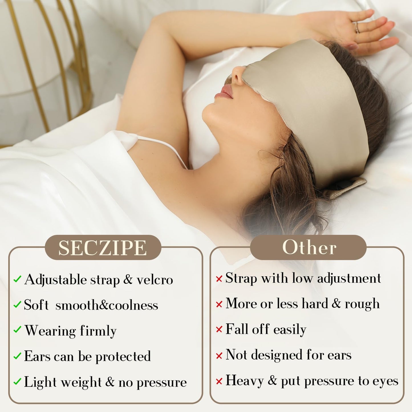 SECZIPE 100% Mulberry Silk Sleep Mask Eye Mask for Women Man with Adjustable Band, for Side Sleeper Blackout Sleep Mask for Travel Rest and Office Large Size (Taupe)