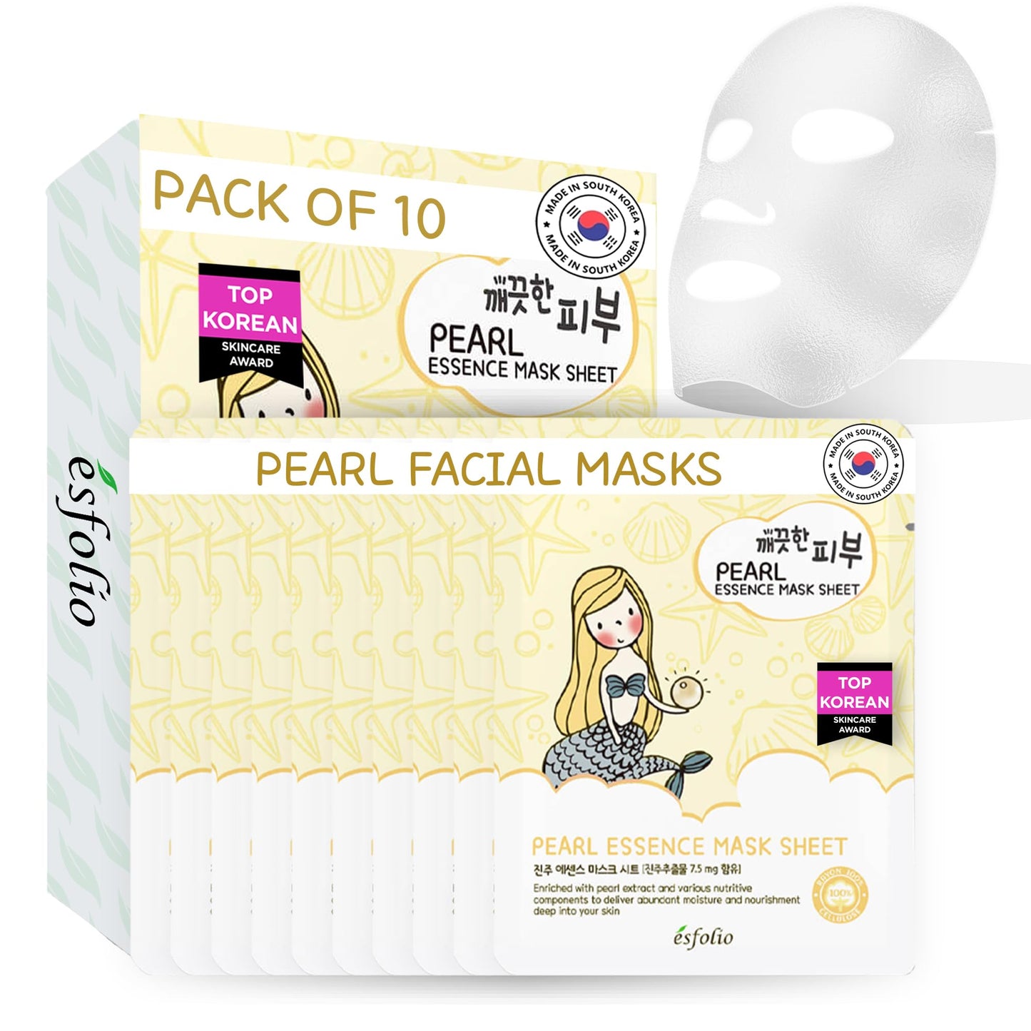 esfolio Pure Skin Mask Box – Pearl Essence Sheet Mask Set, Hydrating & Nourishing Korean Face Masks, Revitalizing Skincare for Soft, Smooth, and Radiant Skin (Pack of 10)