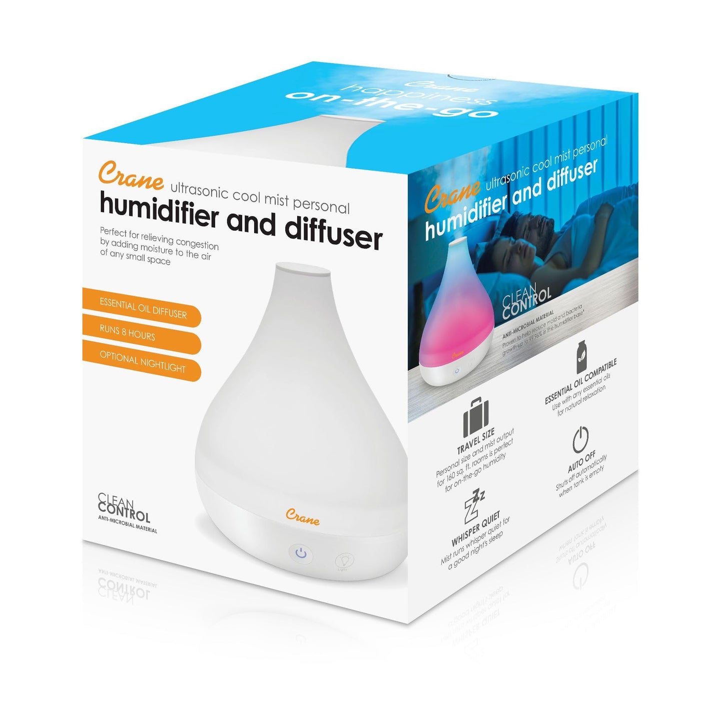 Crane Small Ultrasonic Diffuser and Air Humidifiers for Bedroom and Office, .35 Gallon Cool Mist Humidifier for Personal Use, No Humidifier Filters Needed, White