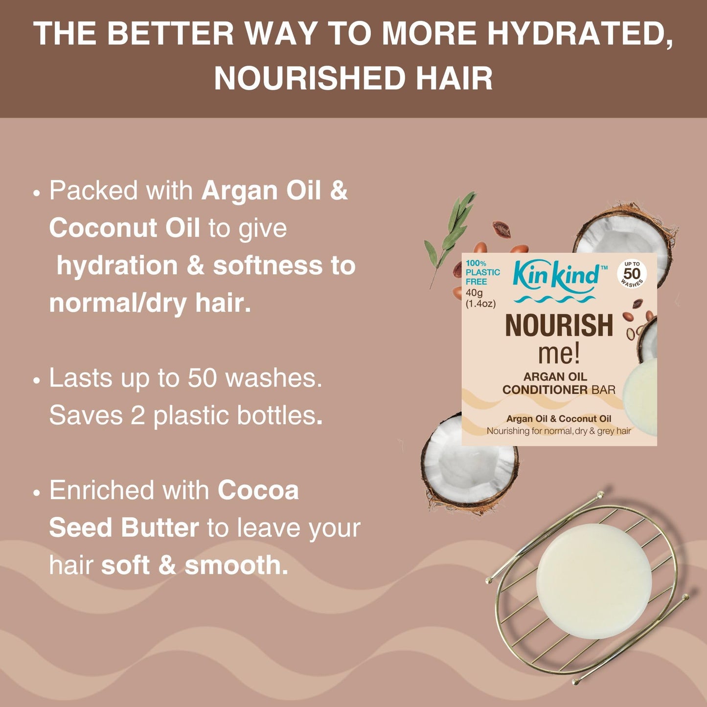 KinKind Hair Conditioner Bar - NOURISH Me! | Argan Oil Conditioner Bar for Hair - Solid Coconut Conditioner - Dry Hair Conditioner | For Normal/Dry & Grey Hair | Up to 50 Washes - Vegan & Cruelty Free