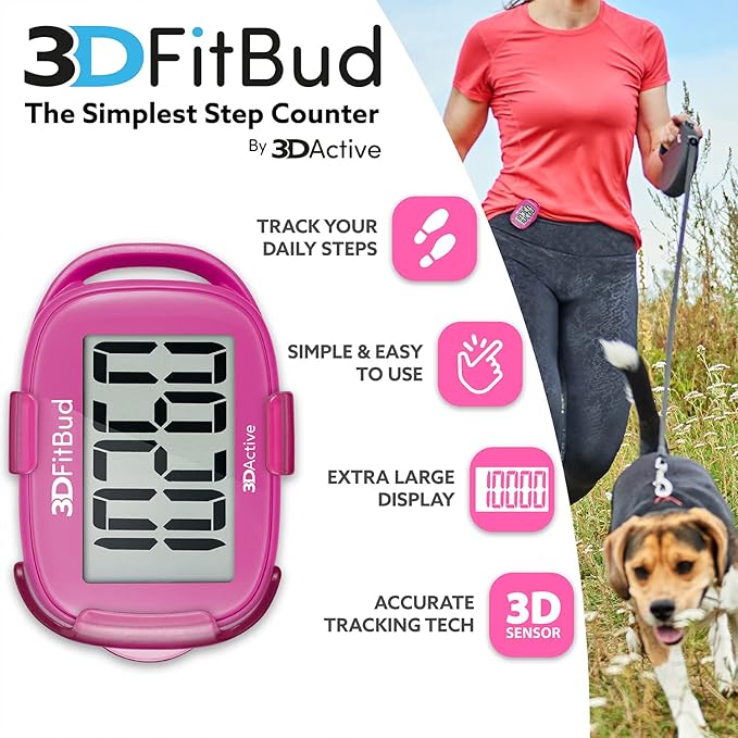 3DFitBud Simple Step Counter Walking 3D Pedometer by 3DActive with Clip, Lanyard Accurate Fitness Tracker for Men, Women & Elderly Daily Exercise - A420S