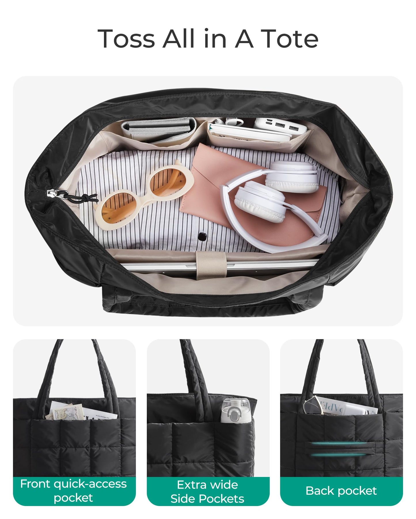 BAGSMART Expandable Tote Bag for Women, Zippered Puffer Design with Water-Resistant Quilted, Nurse and Carry-On Travel Bag, Black