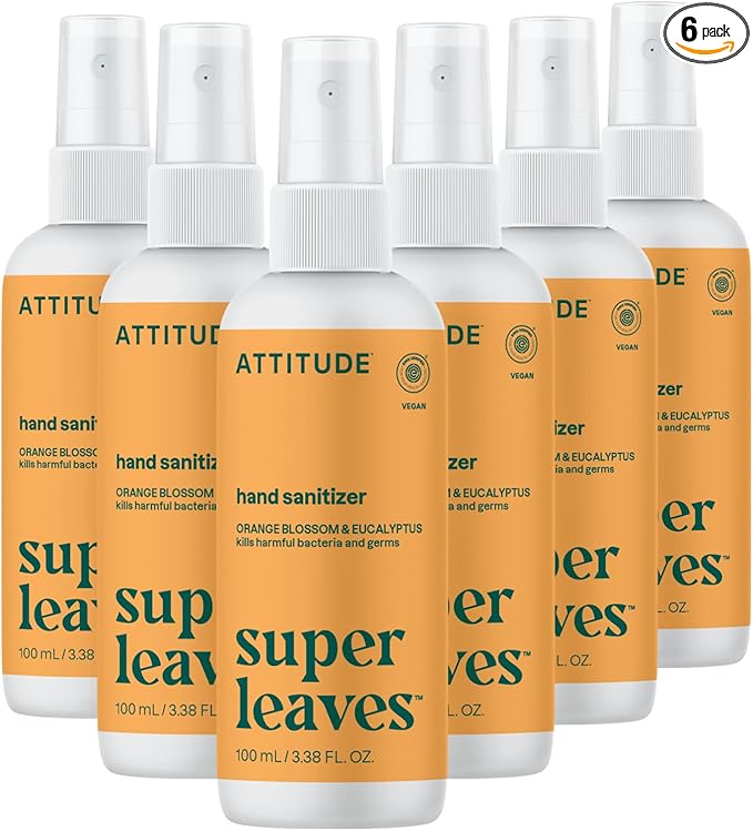 ATTITUDE Hand Sanitizer Spray, EWG Verified, Kills Germs & Bacteria, Vegan & Plant-Based, Safe for Adults & Kids, Orange Blossom & Eucalyptus Scent, 3.38 Fl Oz (Pack of 6) (Spray Bottle)