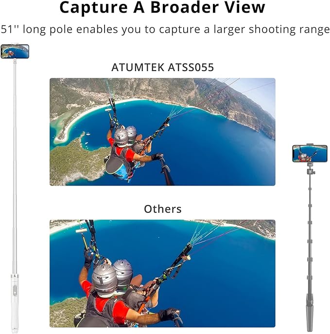 ATUMTEK 51" Selfie Stick Tripod, All in One Extendable Phone Tripod Stand with Bluetooth Remote 360° Rotation for iPhone and Android Phone Selfies, Video Recording, Vlogging, Live Streaming, White