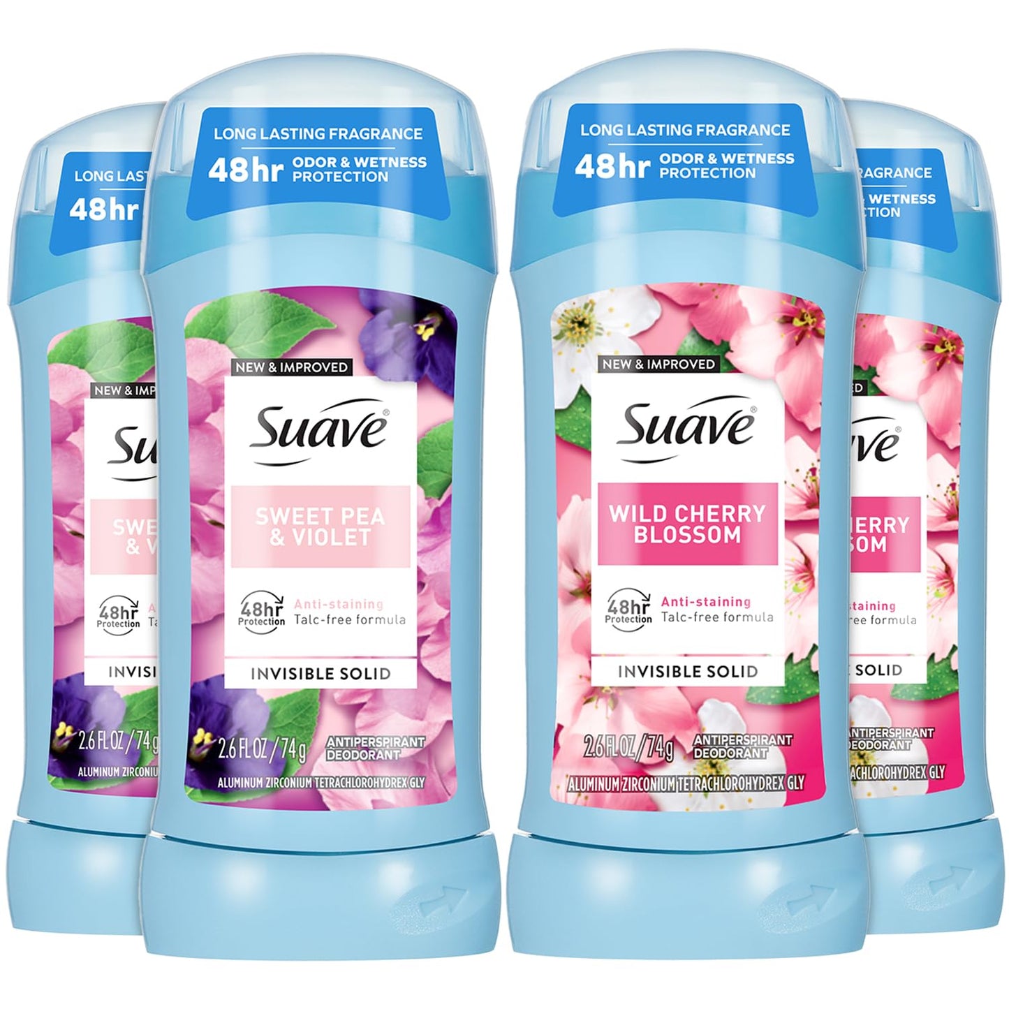 Suave Antiperspirant Deodorant for Women, Wild Cherry Blossom + Sweet Pea & Violet Variety 4-Pack – Anti-Staining Invisible Solid Sticks, Talc-Free, 2.6 Oz Ea
