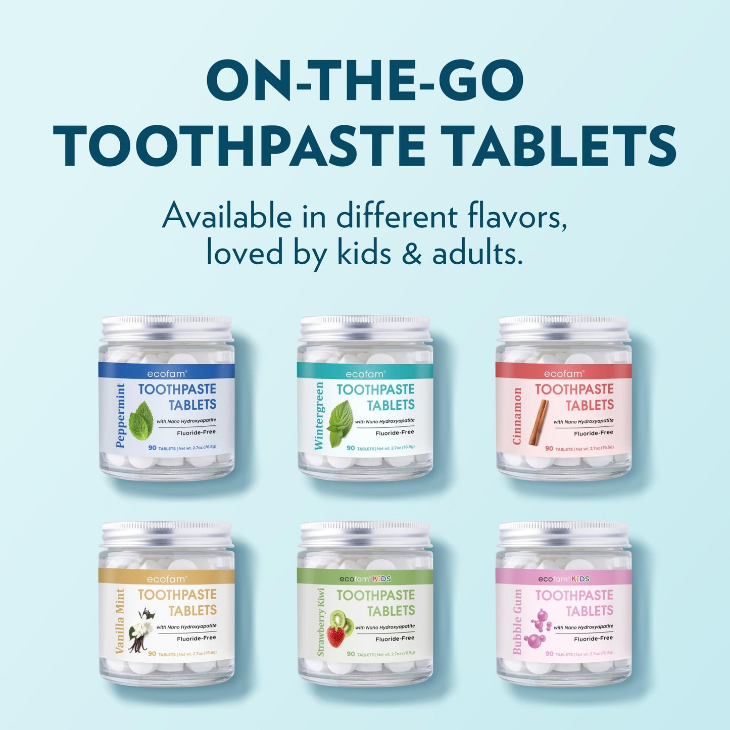 EcoFam Toothpaste Tablets – Bubblegum | Nano Hydroxyapatite Toothpaste Tablets Kids - Chewable - Made with Xylitol | Fluoride Free l 90 Tabs