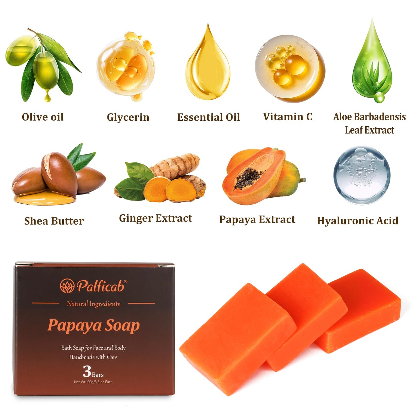 PALFICAB Natural Bar Soap for Women - Moisturizing Bar Soap with Papaya, Shea Butter, Moisturizing Handmade Soap for Dry Skin, Gentle Exfoliating and Nourishing Skincare, 3 Bars