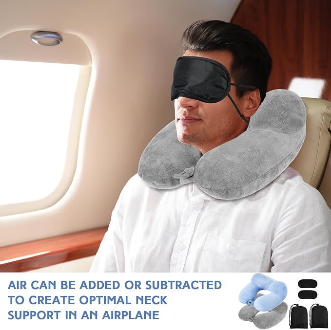 Sintuff 2 Pack Inflatable Travel Pillow for Airplanes Inflatable Neck Flight Pillows with Compact Bag and Blindfold for Traveling, Airplane, Train, Car, Office(Light Gray and Sky Blue)