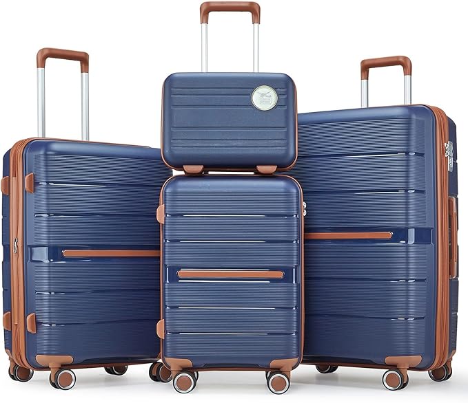 4-Piece Luggage Set with Double Spinner Wheels, Expandable Hardside Suitcases with TSA Lock (14/20/24/28), Durable PP Material Hardshell Travel Luggage for Men and Women (Blue)