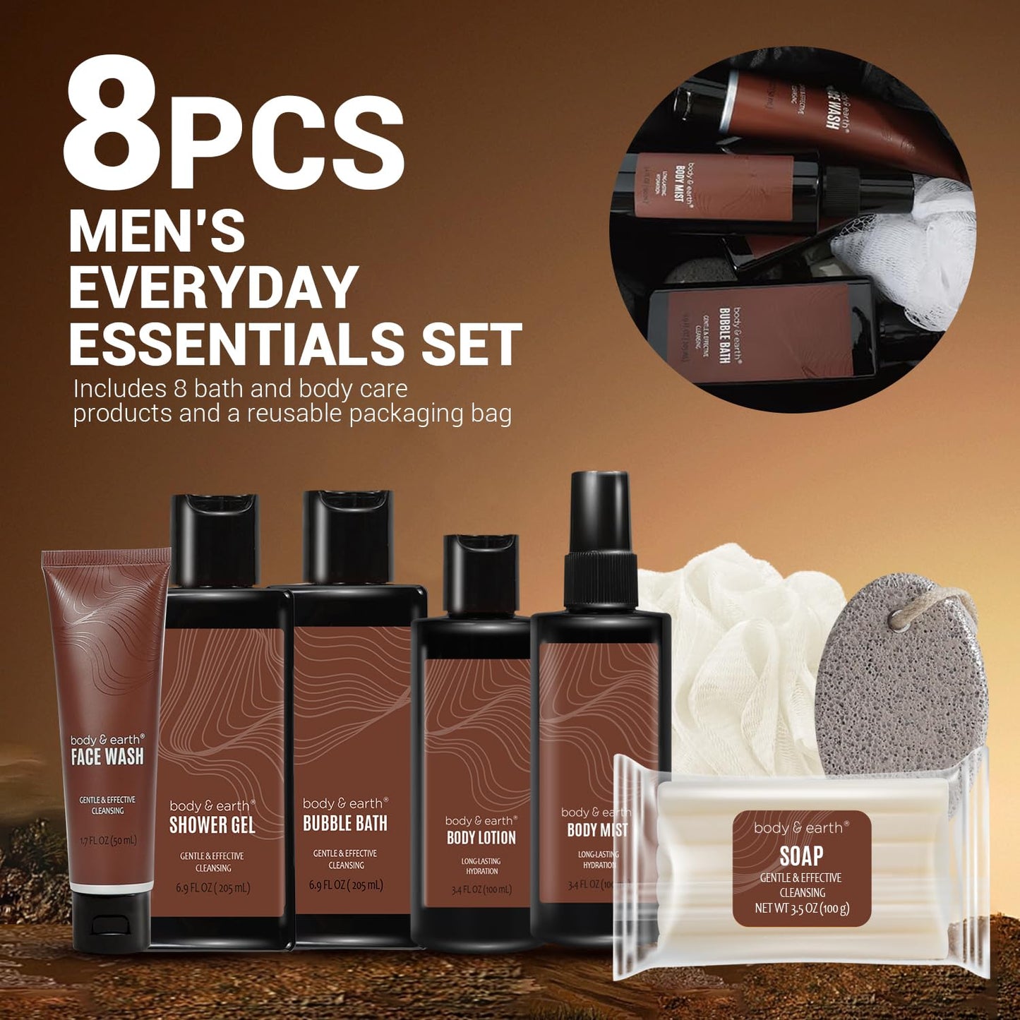 Body & Earth Bath and Body Wash Sets for Men - 8pcs Spa Baskets Mens Birthday Gifts Sandalwood, Self Care Kit, Husband Men Father's Day Gifts