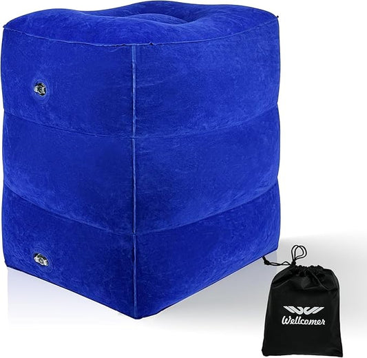 Inflatable Foot Rest Pillow for Travel, Adjustable 3 Layers Height Cushion Kids/Adults Airplane Travel Pillow, Suitable for Office, Home, Trains, Cars - Blue