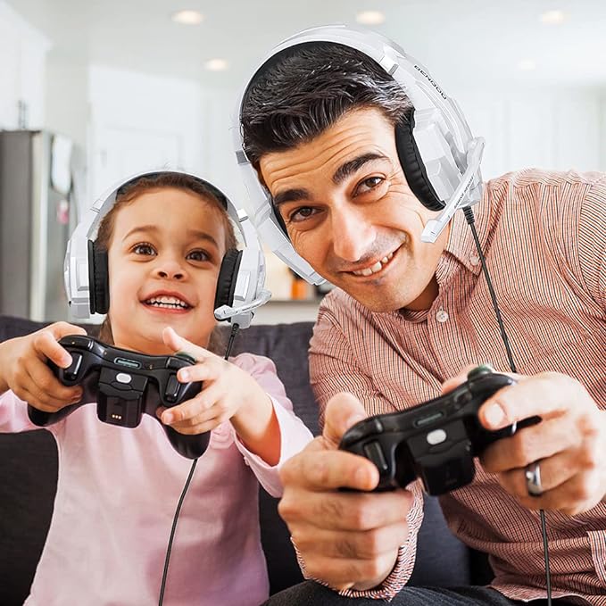 BENGOO Pro Gaming Headset for PS4 PS5 PC Xbox One Controller, Noise Cancelling Over Ear Headphones with Mic, LED Light, Bass Surround, Soft Memory Earmuffs for Laptop Mac - White