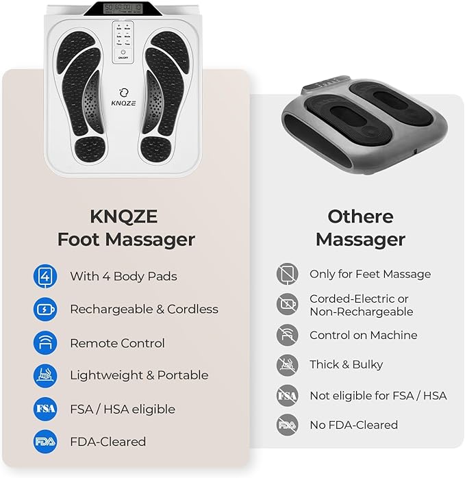 KNQZE EMS Foot Massager for Neuropathy, TENS EMS Foot Nerve Circulation Stimulator for Pain Relief, 10 Modes and 50 Intensities, 4 Body Pads, Relieve Swelling, Cramps, Plantar Fasciitis