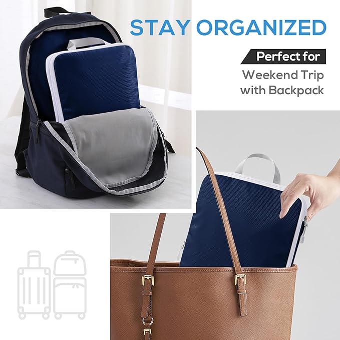 Compression Packing Cubes, 6 Set Packing Cubes for Travel Compression, Lightweight Compressible Package Organizer for Carry On and Suitcases, Navy and White