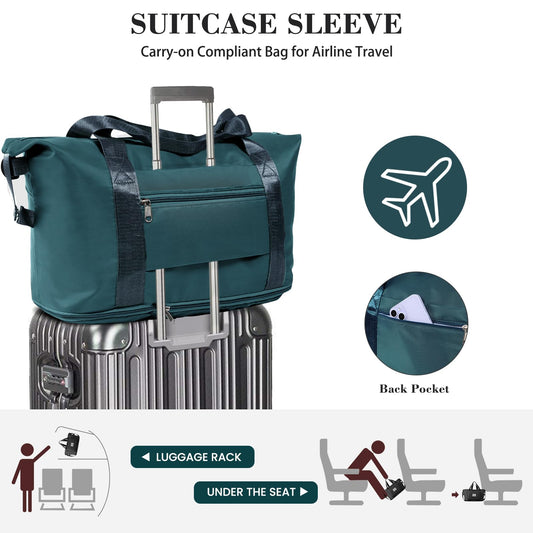 Trifabricy Travel Duffel Bag - Large Shoulder Weekender Overnight Bag, Carry on Bags with Wet Pocket, Waterproof Expandable Duffel Bags with Trolley Sleeve, Sports Tote Gym for Women, Peacock blue