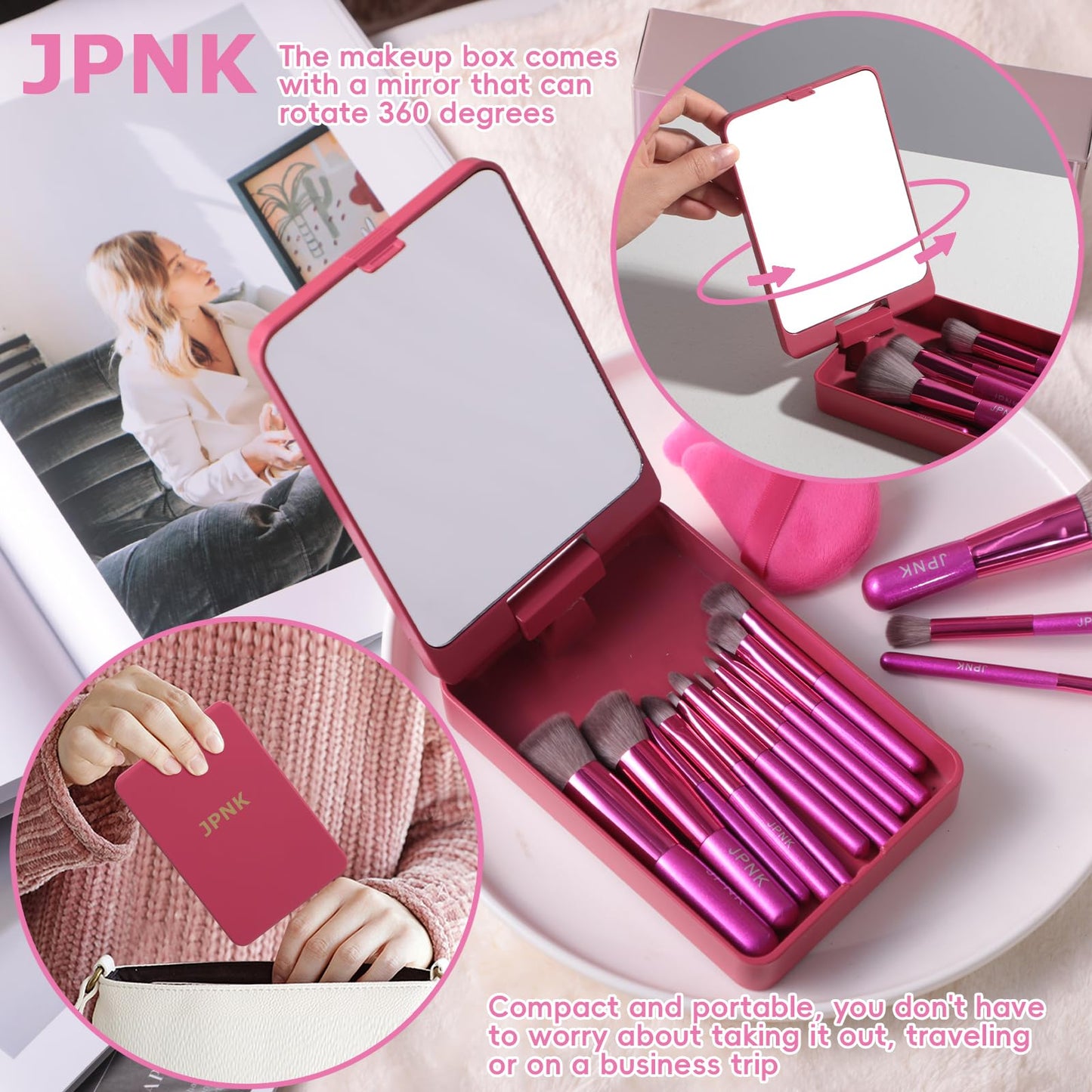 JPNK Travel Makeup Brush Set Foundation Powder Concealers Eye Shadows Makeup Set with 5X Magnifying Mirror Box