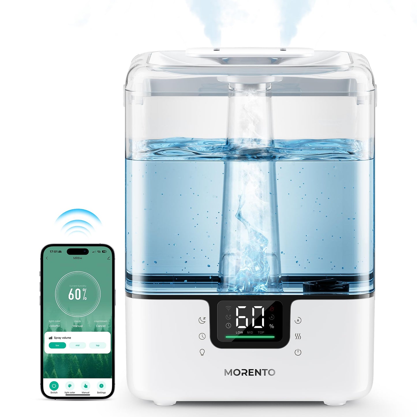 MERONTE Smart Humidifiers for Bedroom Large Room Home, 6L Cool Mist Top Fill Humidifier with Essential Oil Diffuser, Smart App & Voice Control, for Nursery & Plants, White, 1 Pack + 7 Color NightLight