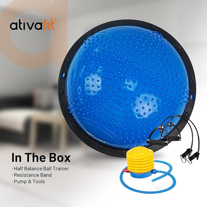 ATIVAFIT Half Exercise Ball with Massage Granules, resistance Bands Balance Ball Balance Trainer for Home Gym Full Body Workouts Half Ball Balance Trainer For Men Women